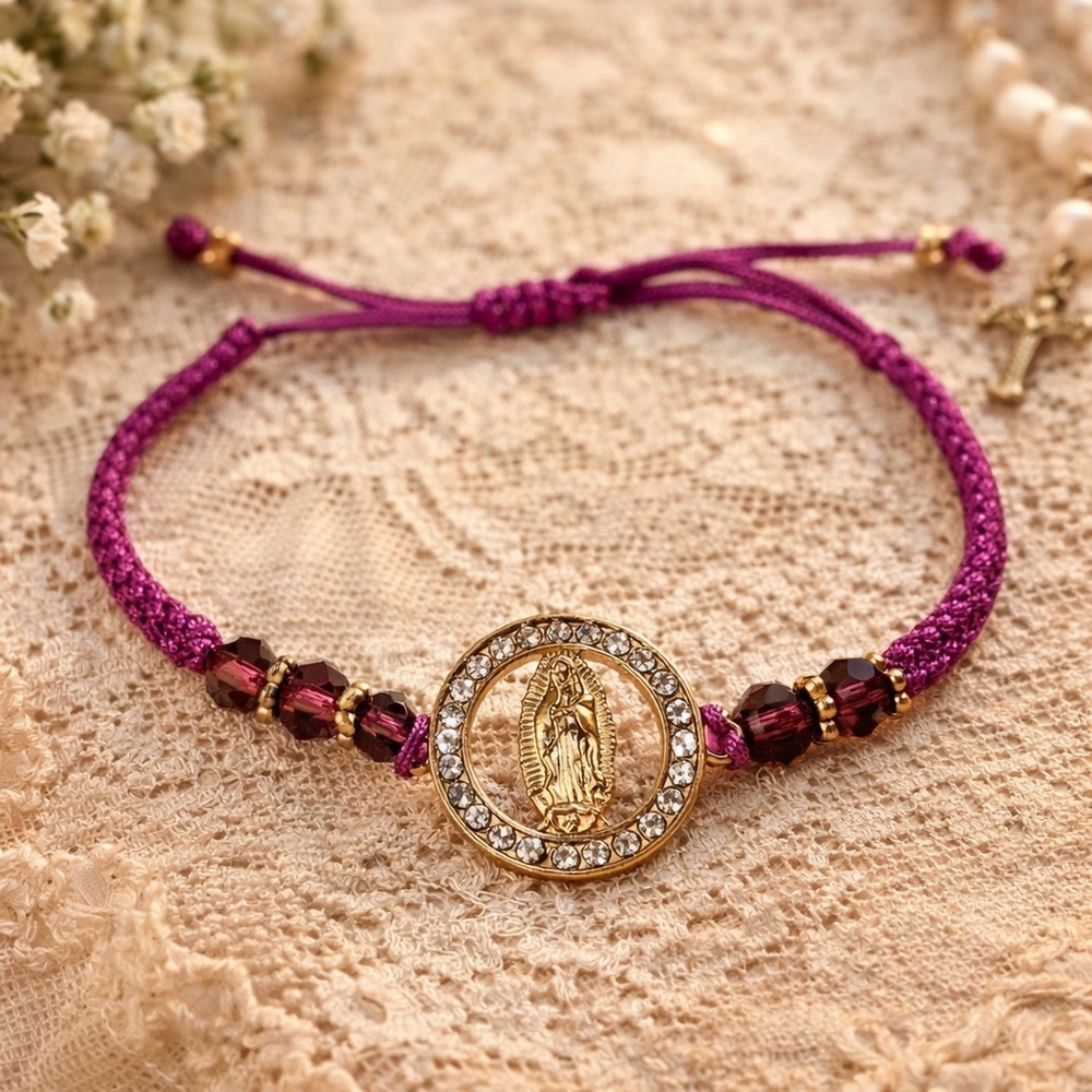 Virgin Mary Crystal Adjustable Bracelet Purple Cord Gold Tone Religious